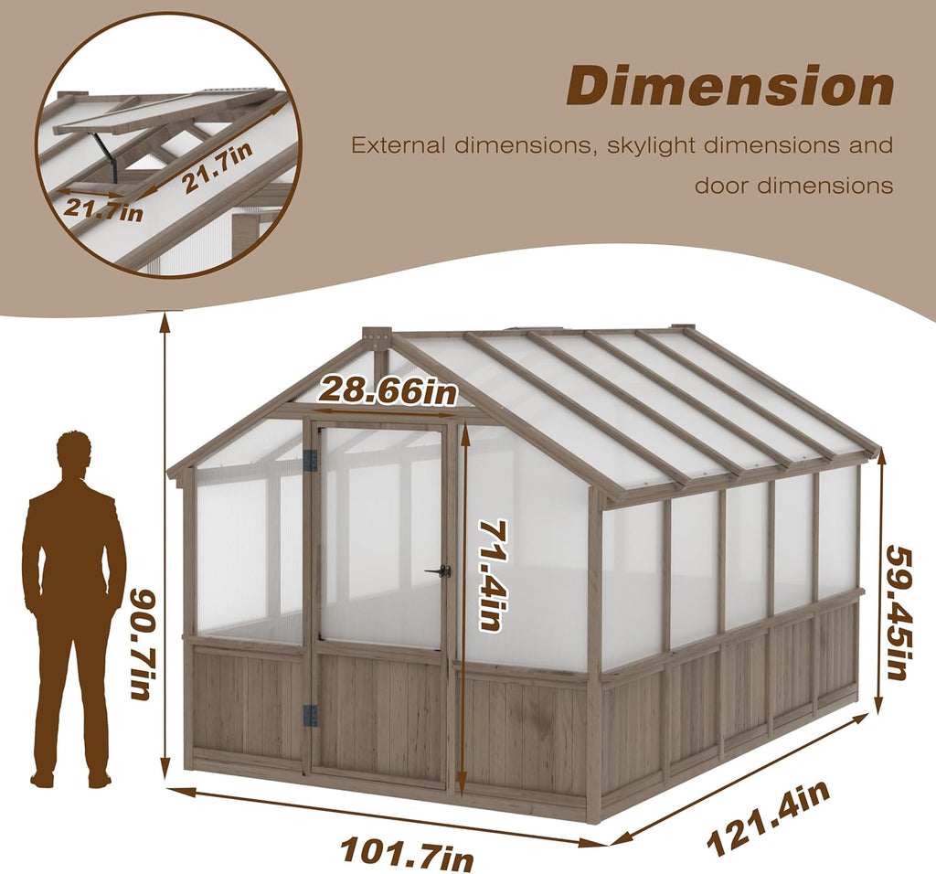8x10FT Greenhouses for Outdoors, Walk-in Wooden Greenhouse with Cedar Frame & Adjustable Vent, Garden Green House