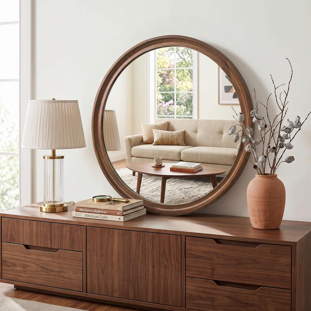 Round Wood Mirror, 26" Circle Mirrors for Wall Decor, Walnut Brown
