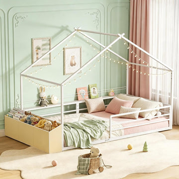 House Bed with Storage Organizer, Metal Montessori Floor Bed for Kids