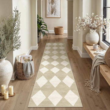 Washable Runner Rug Set Kitchen Beige Non Slip Checkered Carpet