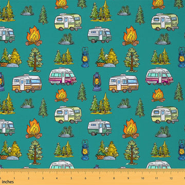 Vintage Green Camper Fabric by The Yard Rustic Camping Trailer Upholstery Fabric for Sewing Crafting Camping Campfire