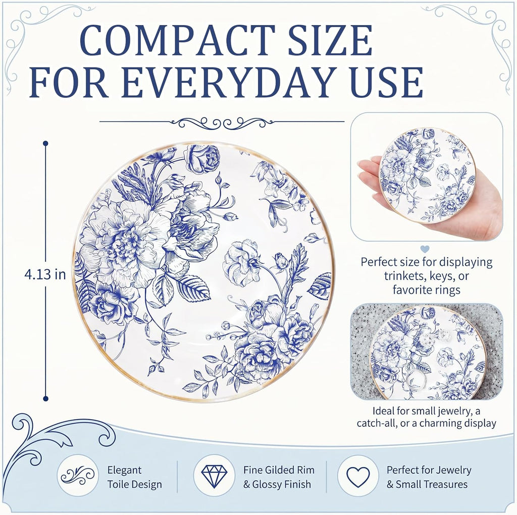 Floral Ceramic Jewelry Tray Ring Holder Trinket Dish for Rings Earrings Necklaces Tray Gift for Women Girls (Blue)