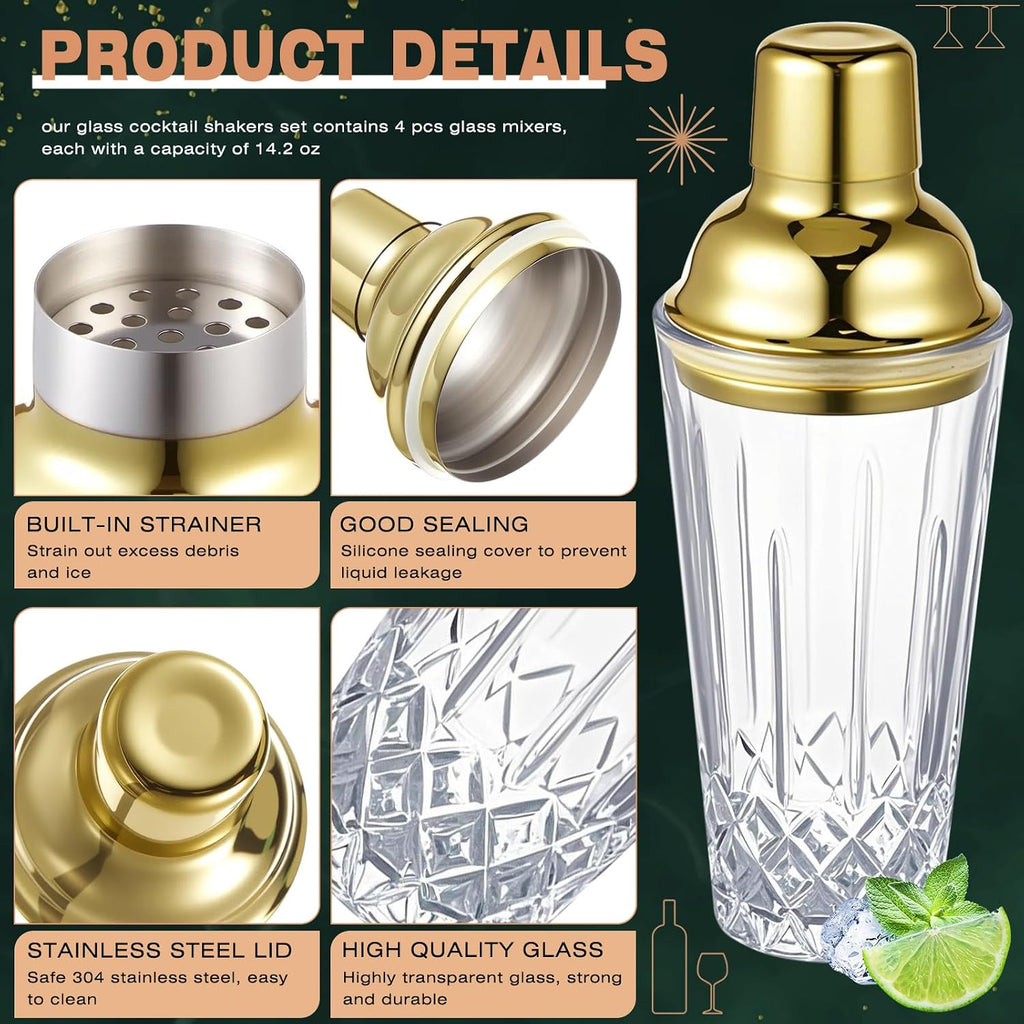 Gold Cocktail Shaker Set, 304 Stainless Steel 14oz Shaker & 24oz Mixing Glass, Jigger, Bar Spoon, Pour Spout - Set of 7