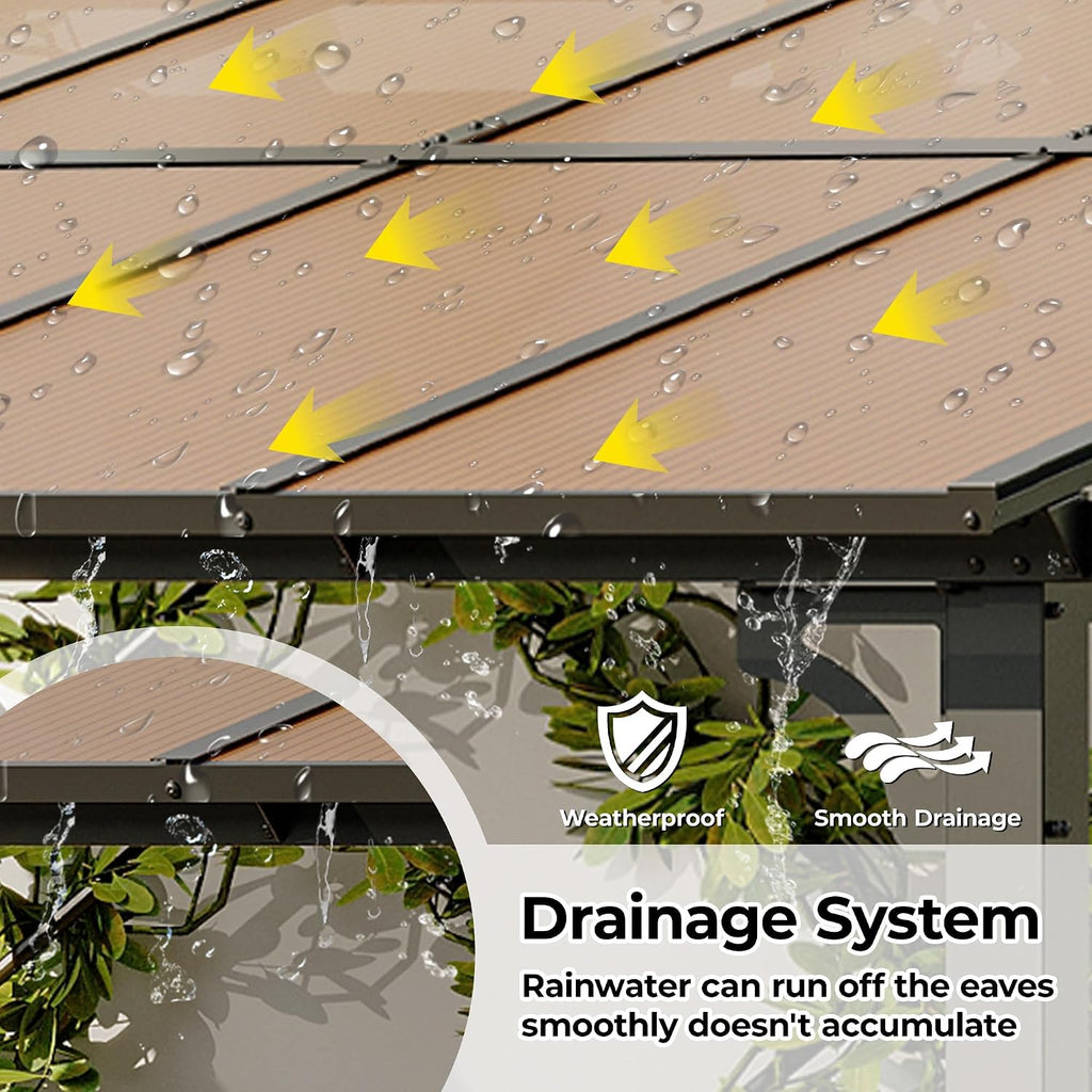12' x 14' Hard Top Lean-to Gazebo - Aluminum Wall-Mounted Pergola with 6mm Roof Panels, Dark Brown