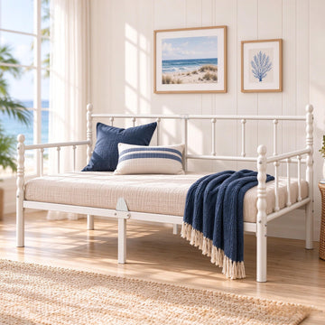 14 Inch Vintage Twin Daybed, Metal Sofa Bed with Storage, White