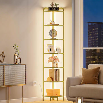 Corner Shelf with LED Lighting, 7-Tier Glass Bookshelf