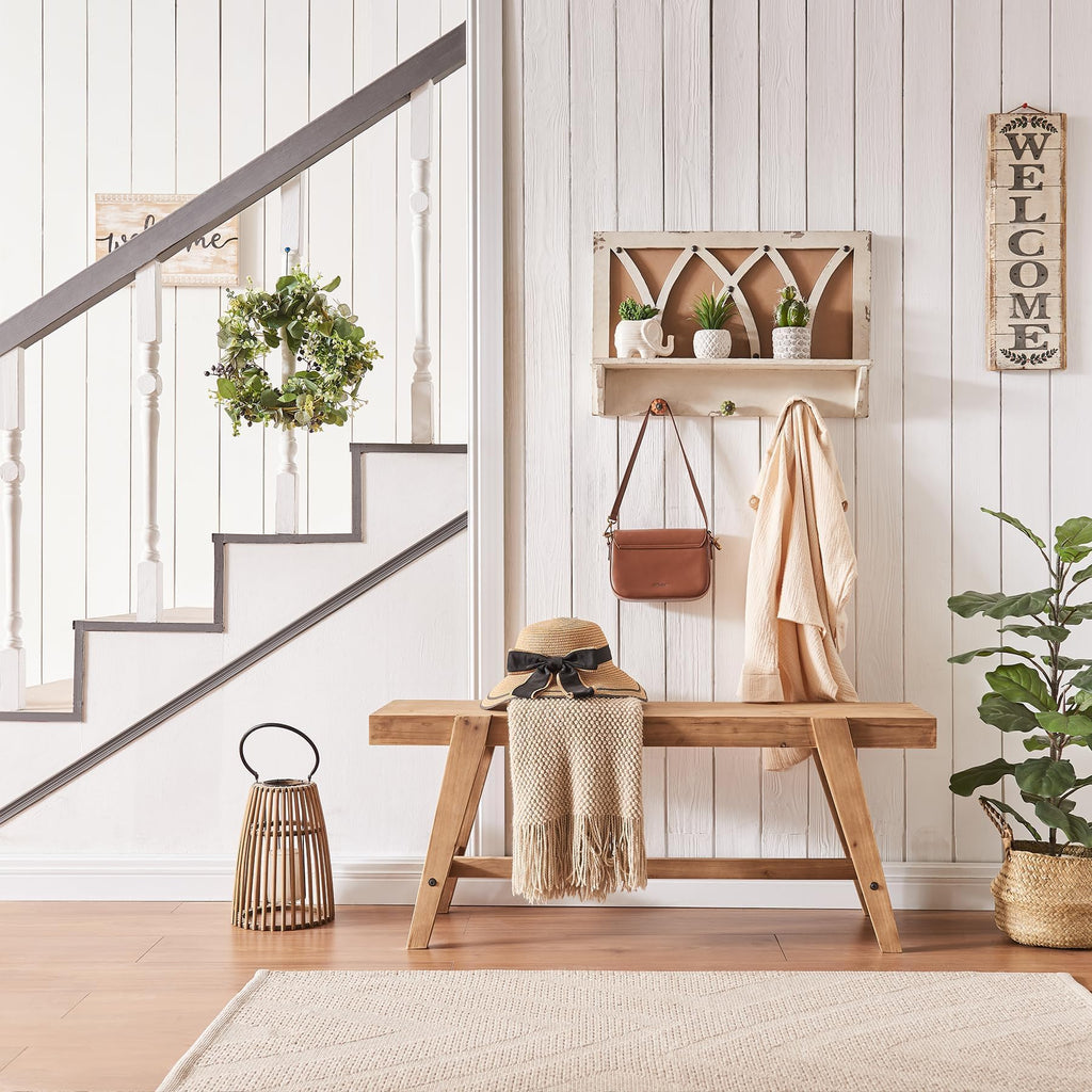 Farmhouse Solid Wood Entryway Bench - 43.4 Inches Rustic Long Bench, Dining Bench with Angled Legs, Hand-Finished