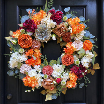 24 Inch Fall Wreath for Front Door with Orange Peony and Dahlia Flowers