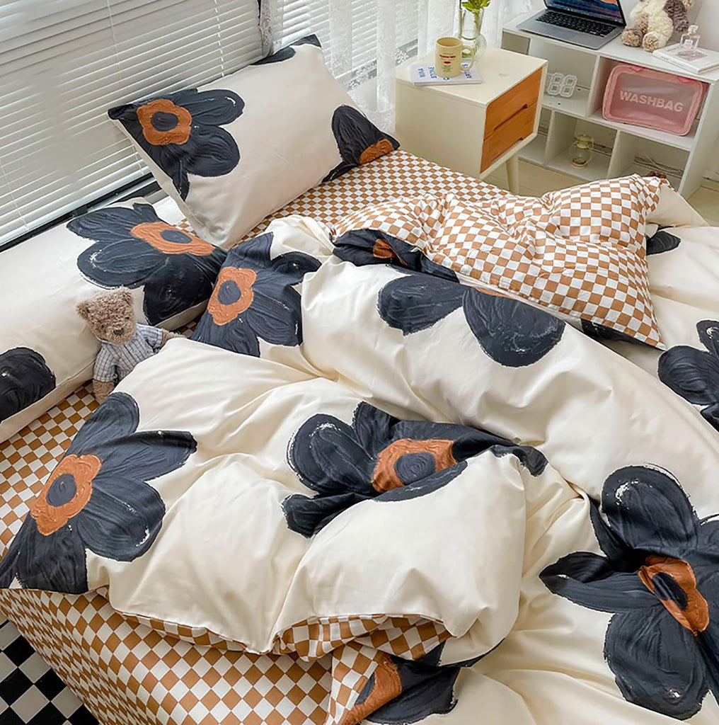 Black Sunflower Comforter Set Queen Beige Black Floral Bedding Comforter Set Big Flower Botanical Quilts Boho