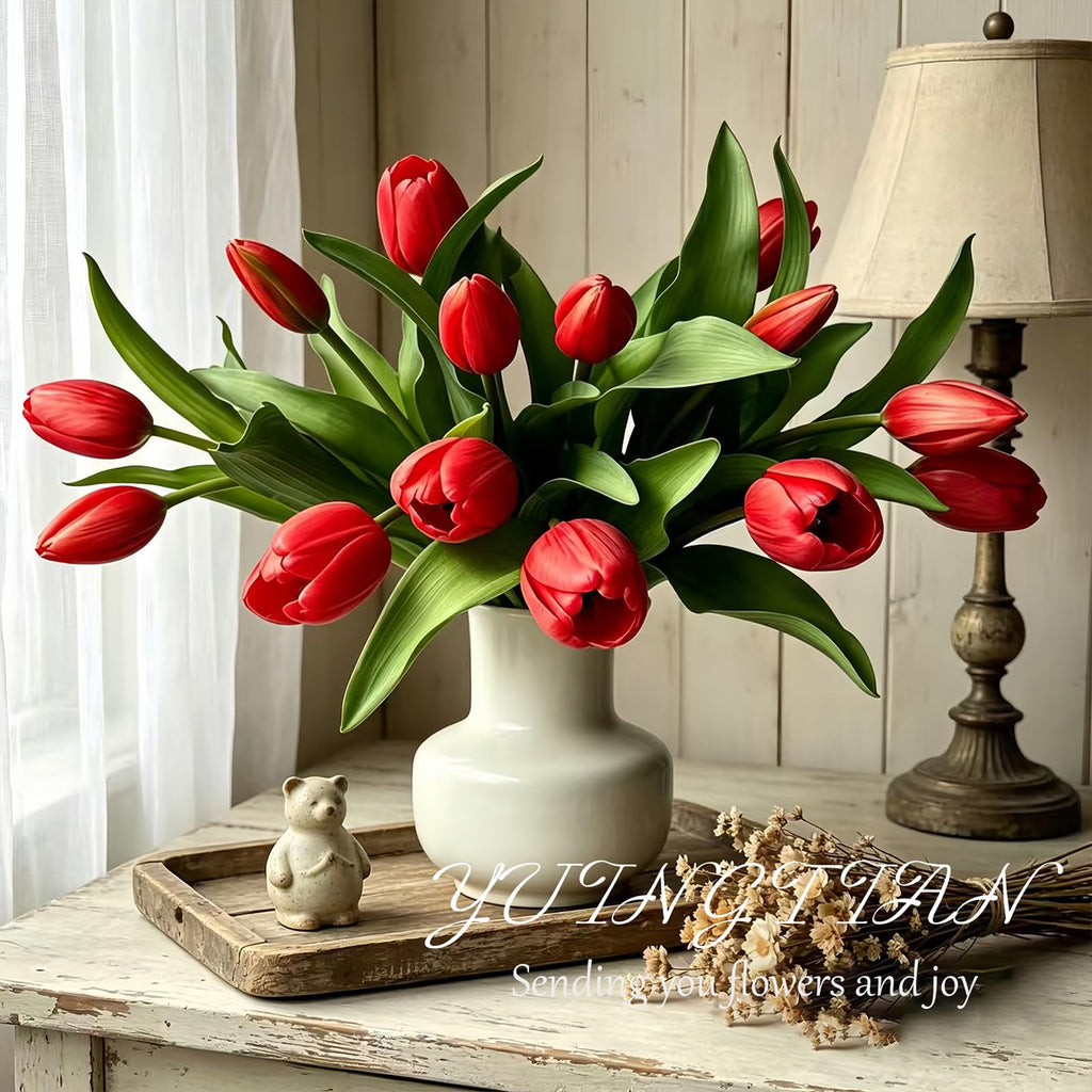 14 Pcs Real Touch Tulips Artificial Flowers Latex Stems Red