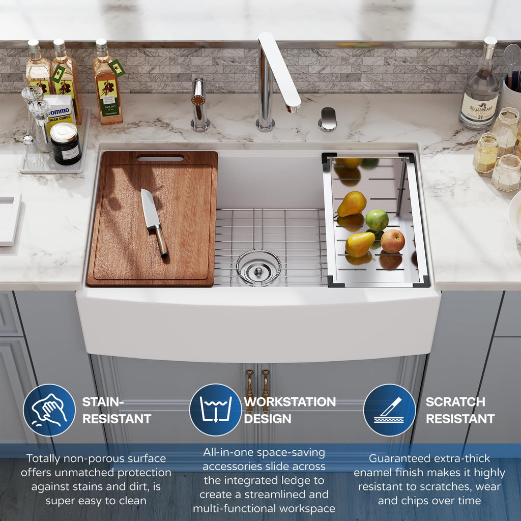 33 White Farmhouse Sink Workstation, Undermount Farm Kitchen Sink 33x21 inch Apron Front White Porcelain Ceramic