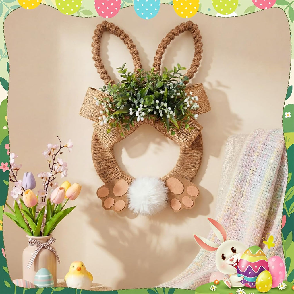18 Inch Easter Bunny Wreath Spring Artificial Flower Rabbit Rattan Wreath with Rabbit Tail Feet Green Twig