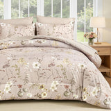 DJY Queen Comforter Set,Taupe Botanical Floral Bedding Comforter Sets Queen for All Seasons,7 Pieces Queen Bed in a
