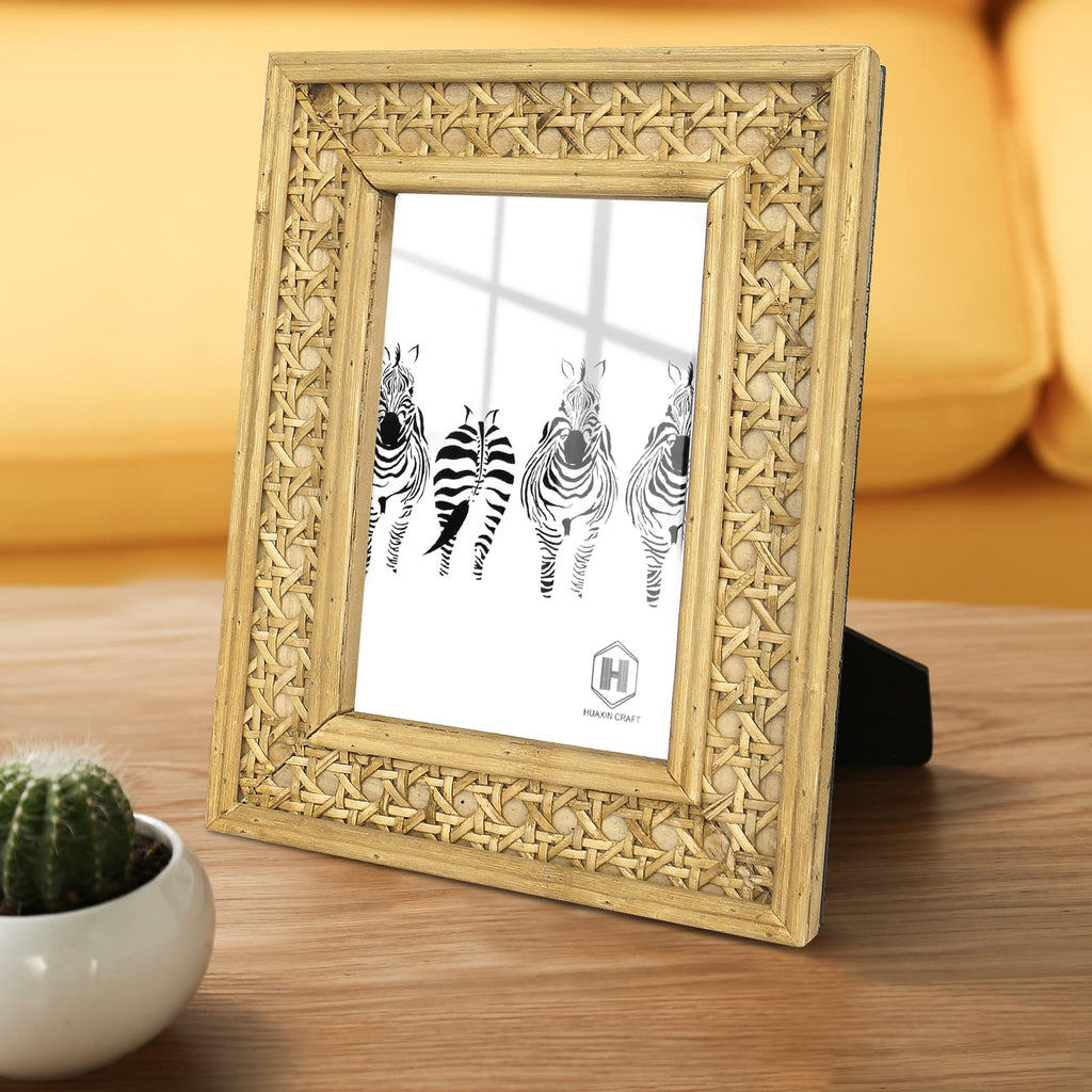 Rattan 5x7 picture Frame, Wicker Boho Rustic Photo Frame, Vintage Cany Stand Table Top Desk (5x7 inch)