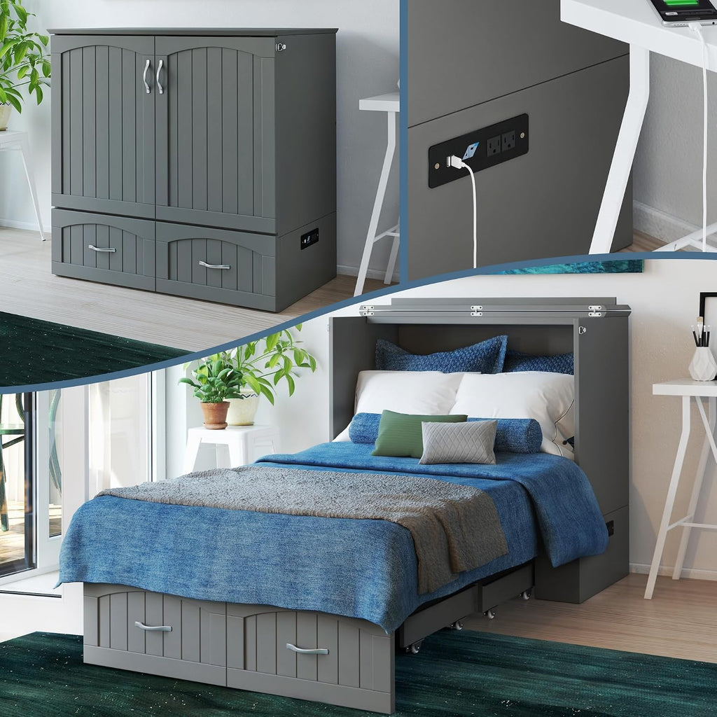 Murphy Bed Chest Twin XL with 6" Mattress, Storage Drawer & Built-in USB Charger, Grey