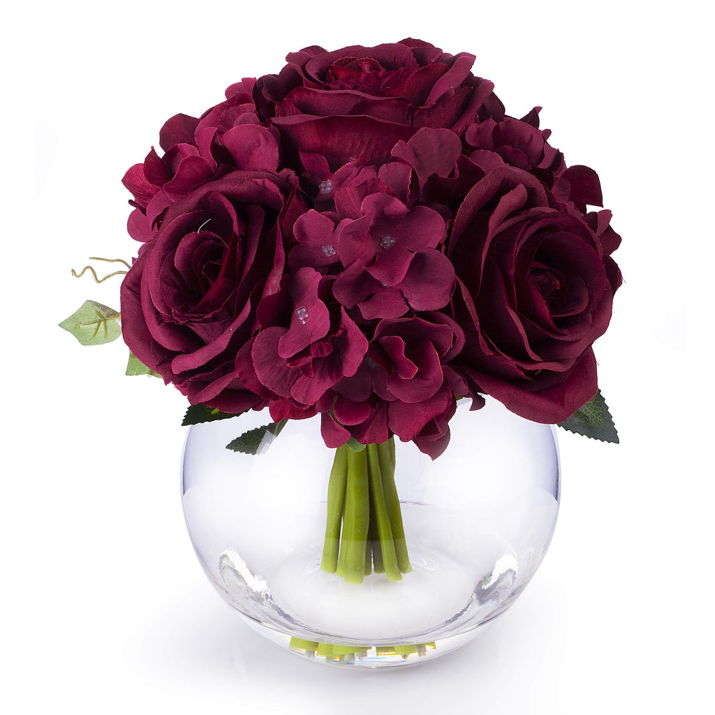 Mixed Silk Blooming Hydrangea and Rose Flower Arrangement in Clear Glass Vase with Faux Water Wedding Decoration
