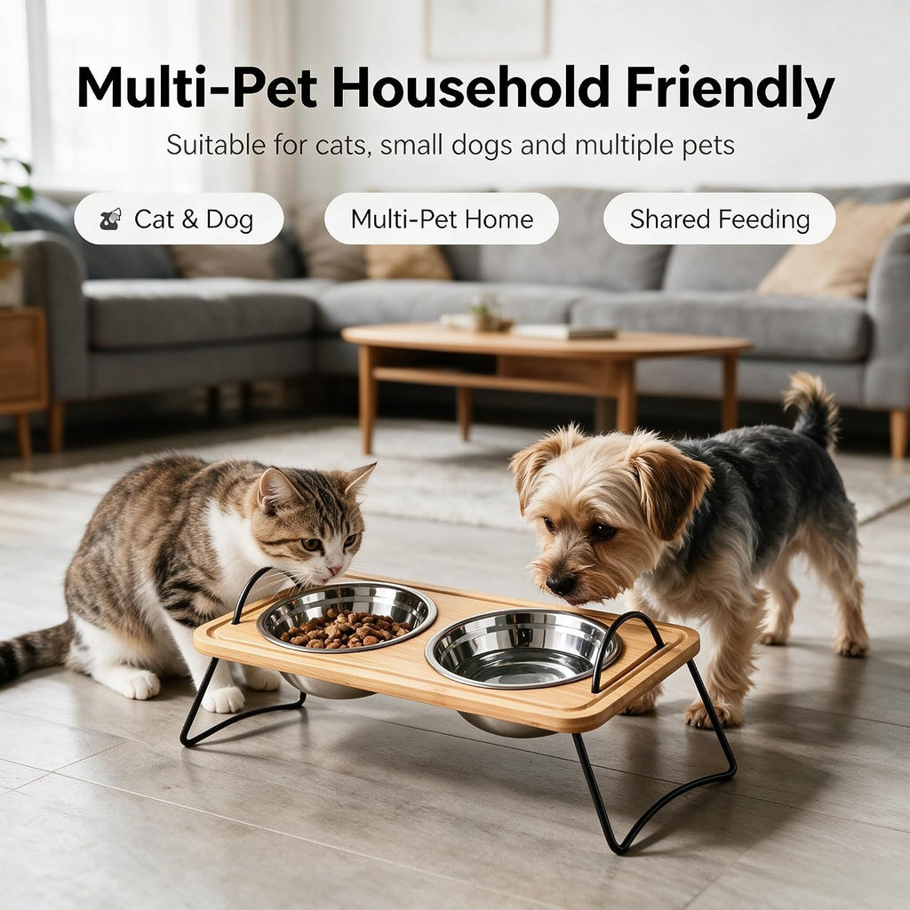 Dog Bowls elevatedRaised and Cat Food Bowl Stand, Elevated Bamboo Pet Feeder with 2 Removable Stainless Steel Bowls