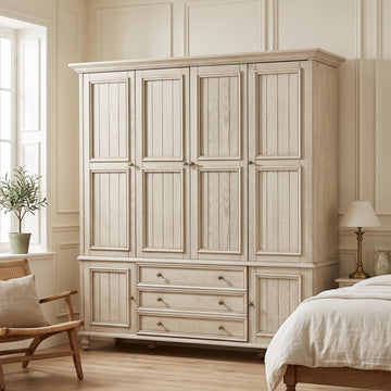 4 Door Solid Wood Armoire Wardrobe Closet with Drawers, White