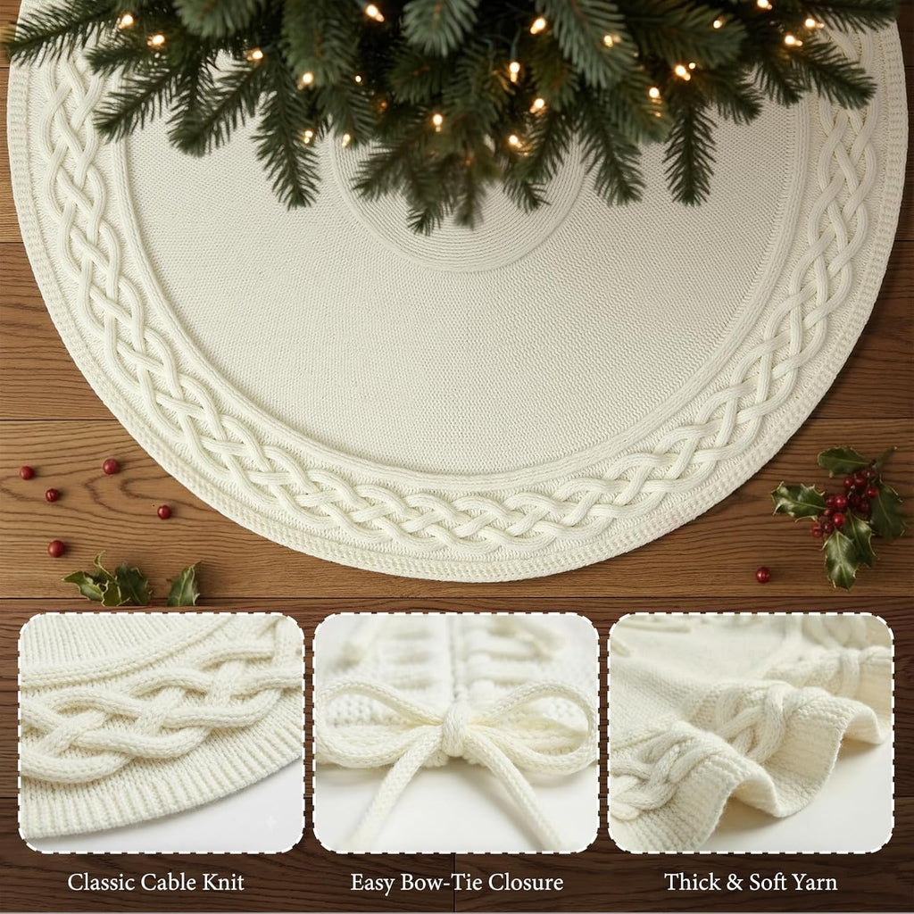 48 Inch Christmas Tree Skirt, Large Chunky Knitted Tree Skirt with Bow Tie Closure, Cream Vintage Tree Skirts for 7 &