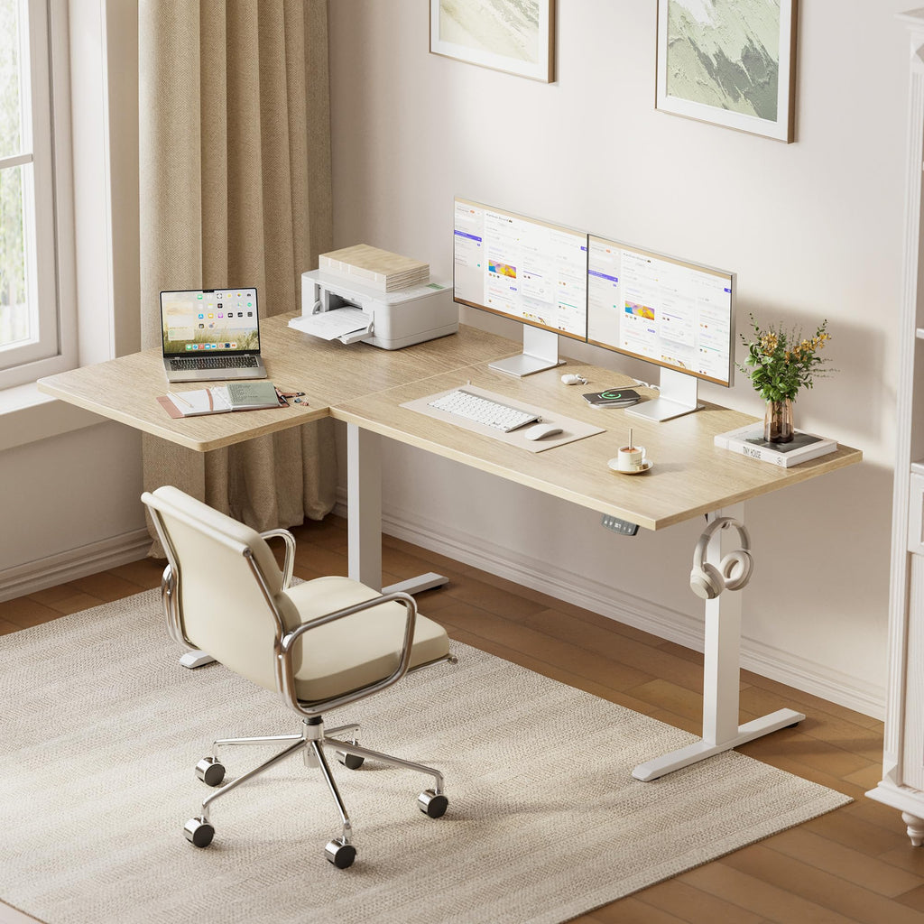63 * 35 Inch Reversible L Shaped Electric Standing Desk, Maple