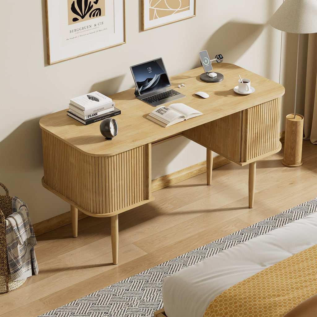 55" Modern Writing Desk, Wood Home Office Desk, Natural