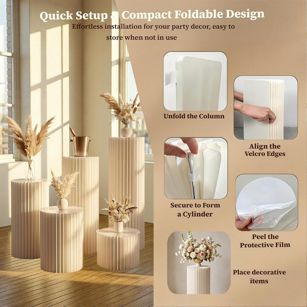 White Pedestal Stand Wedding Pillars Columns Cylinder Stands for Party - Set of 5