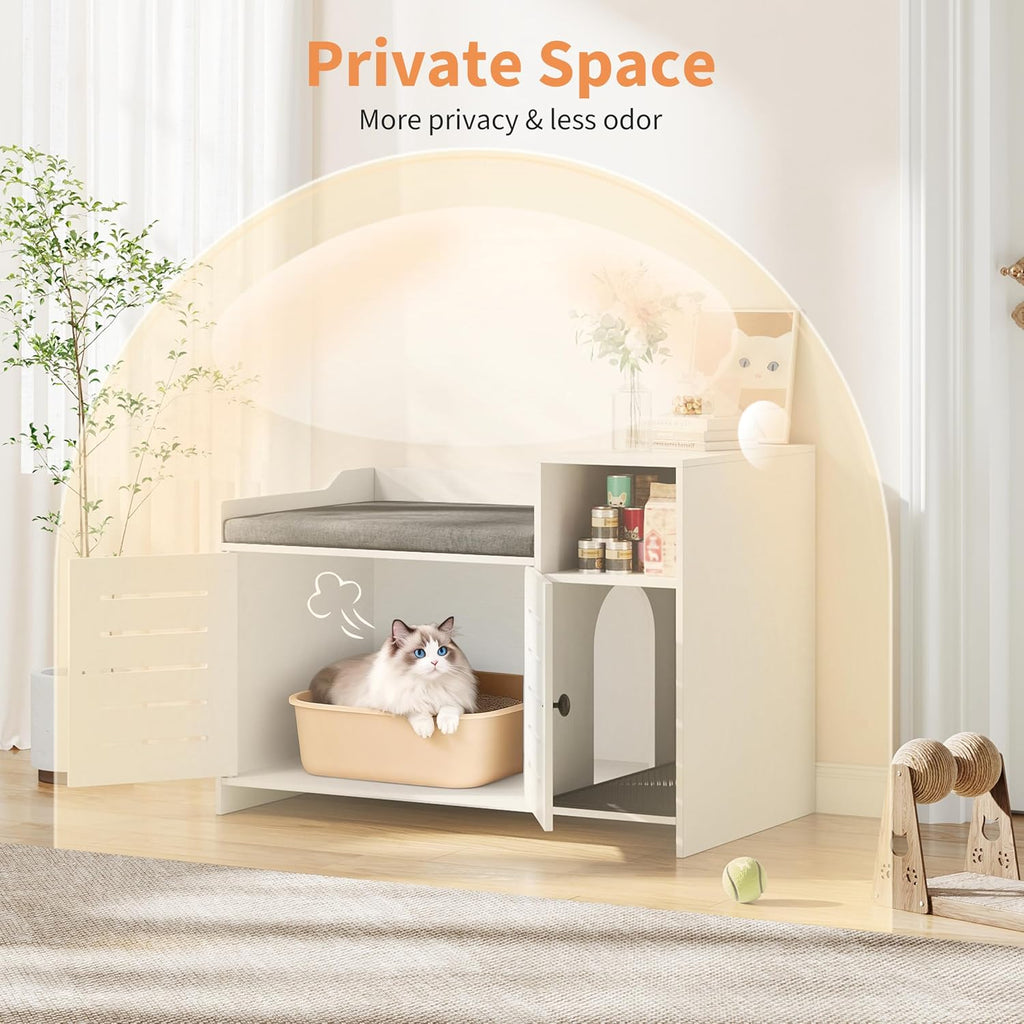 Tall Cat Litter Box Enclosure, 33.8" Wood Hidden Litter Box Cabinet Furniture with Scratch Pad, Large Farmhouse