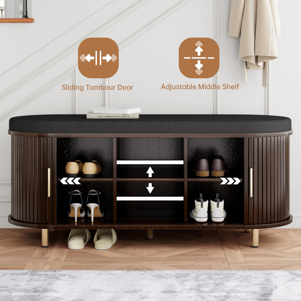 2-Tier Storage Bench, Wide Shoe Bench with Thickened Padded Seat Cushion, Mid Century Modern Fluted Sliding Door and