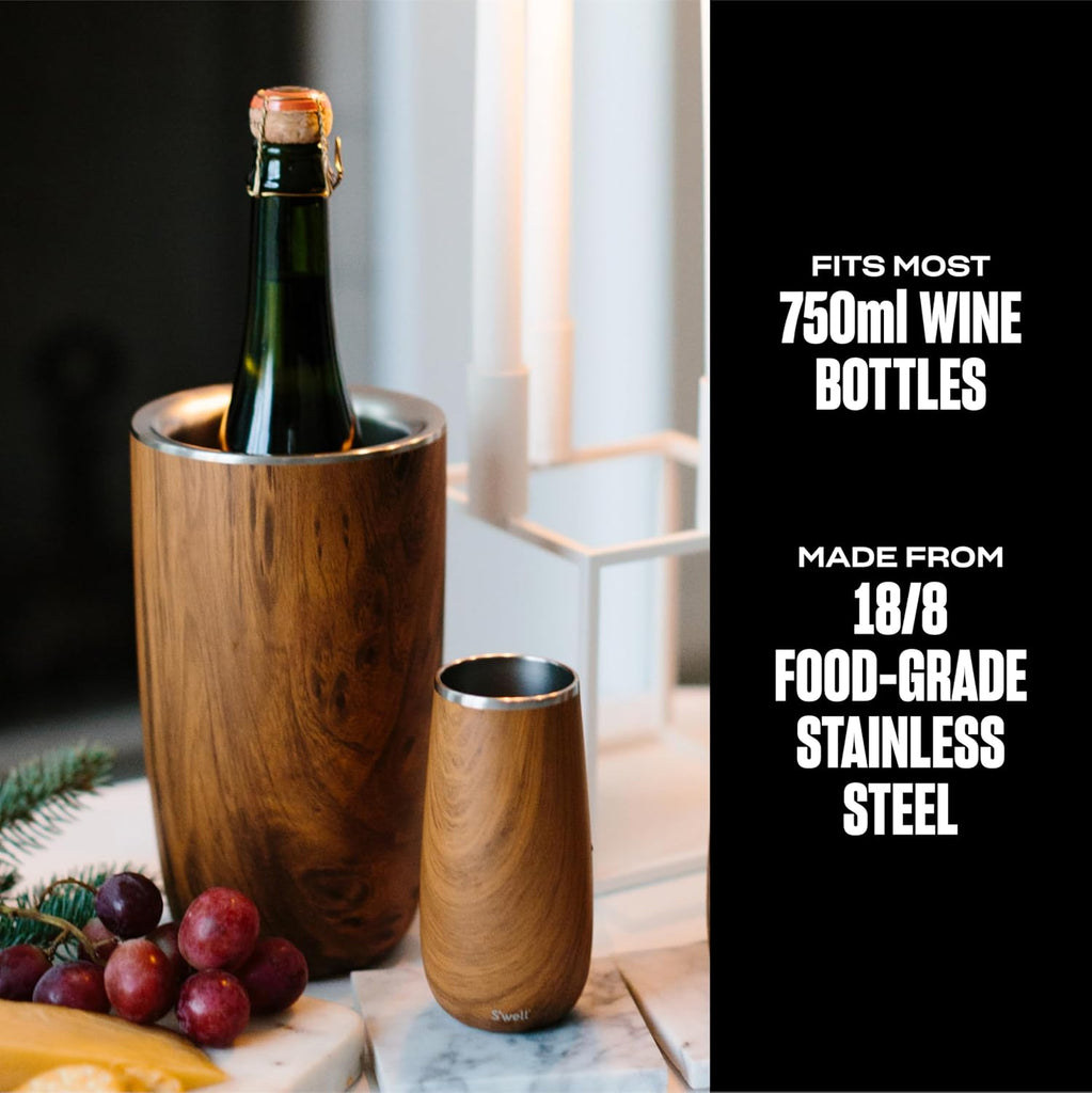Stainless Steel Wine Chiller, Holds 750ml Bottle, Teakwood, Triple Layered Vacuum Insulated Container Keeps Bottles