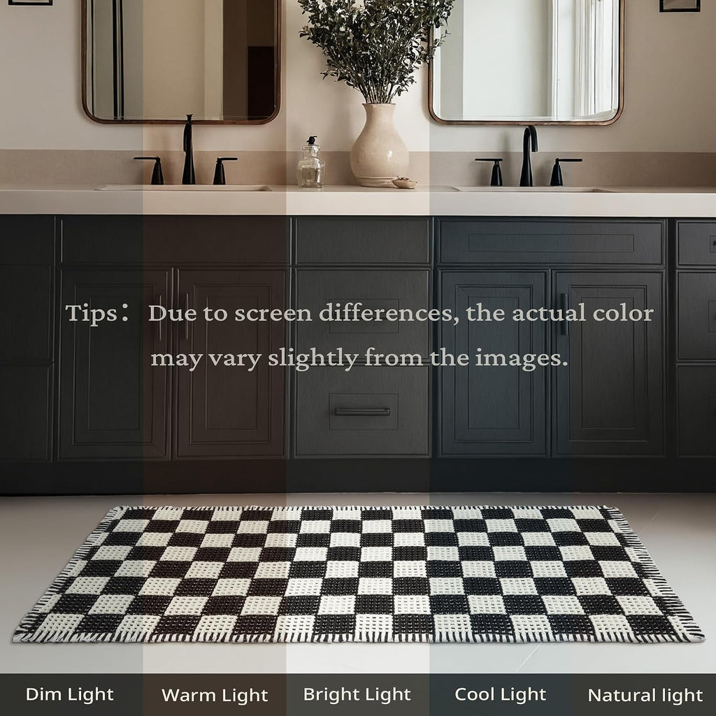2 Piece Waffle Bathroom Rugs Checkered Bath Mat Set (17"x24" & 18"x30"), Black and White Weave Bathroom Rugs with