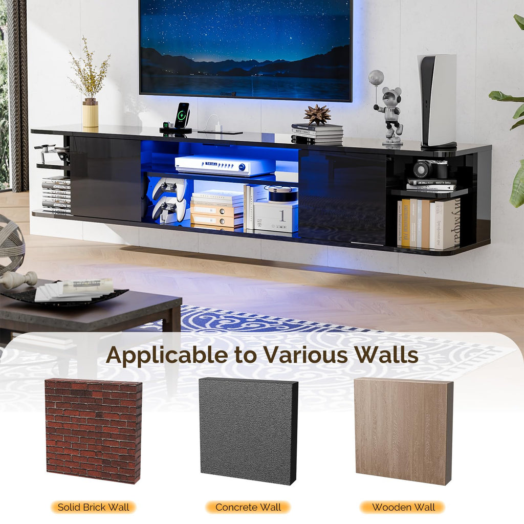 63" Black Floating with LED Lights & Power Outlet, Wall Mounted Floating Entertainment Center with Storage Shelves