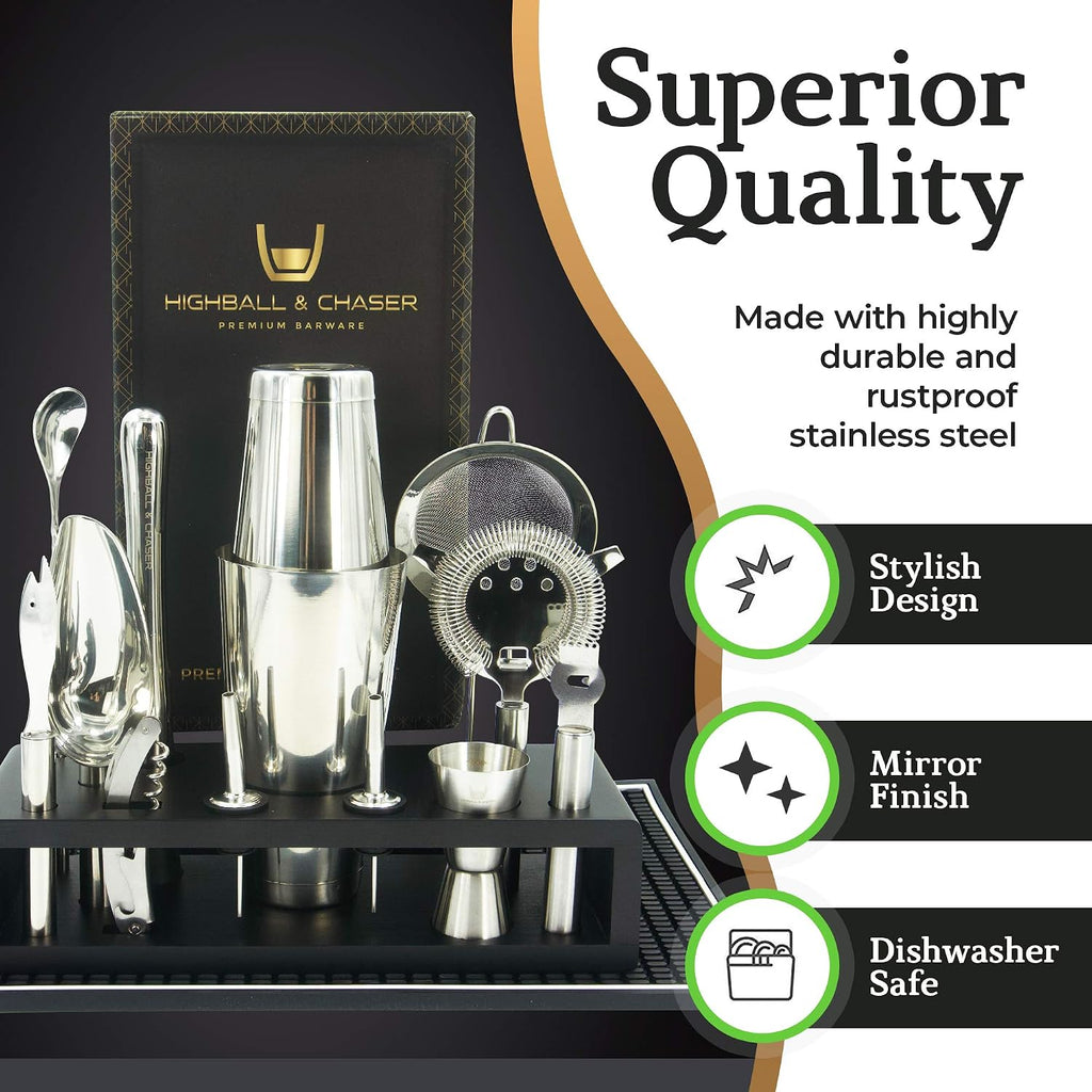 13-Piece Boston Cocktail Shaker Set Stainless Steel Mixology Bartender Kit With Stand Bar Cocktail Set | Laser - Set of 13