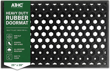 Subhera Collection Heavy Duty Rubber Door Mat 25"×39" Non-Slip Drainage with Dirt Scraper | Outside Doormat for Front