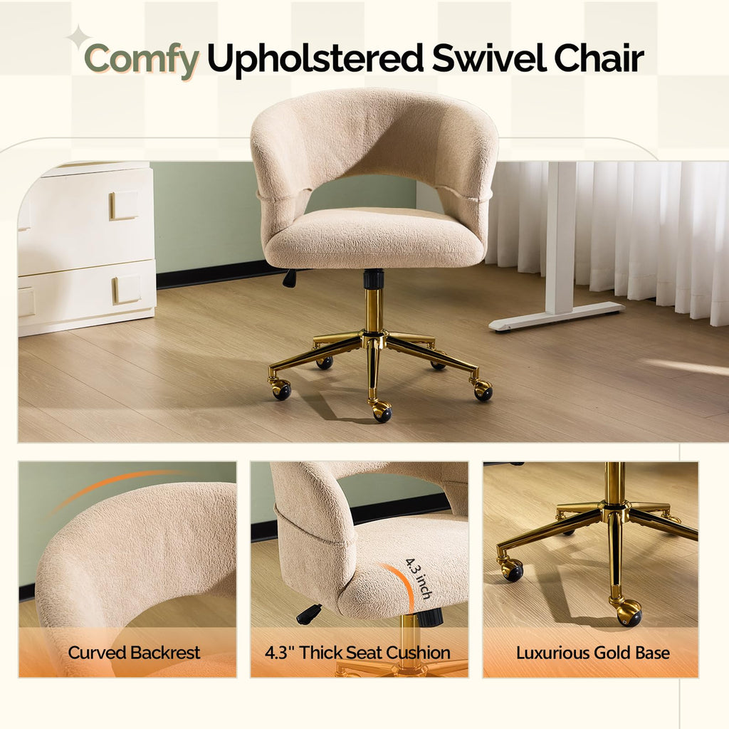 Modern Curved Office & Vanity Desk Chair, Cute Upholstered Nail Chair with Wheels & 360° Swivel & Club & Tilting &