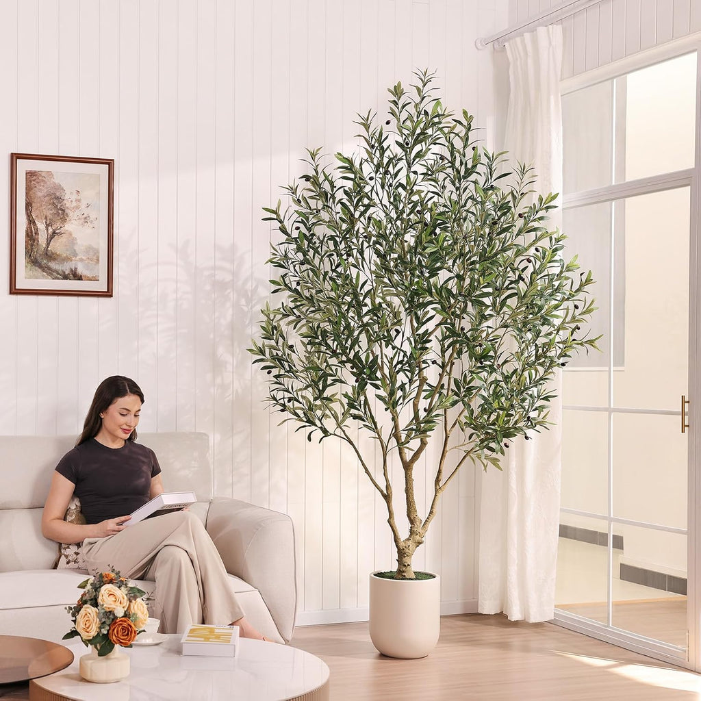 8ft Artificial Olive Tree, Natural Wood Trunk, 11.5in Planter