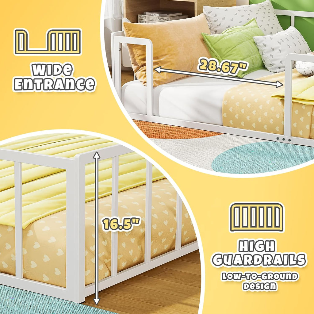 Full Floor Bed for Kids Metal Montessori Bed Frame Playroom Bedroom | Features a slatless, 360° fully enclosed metal