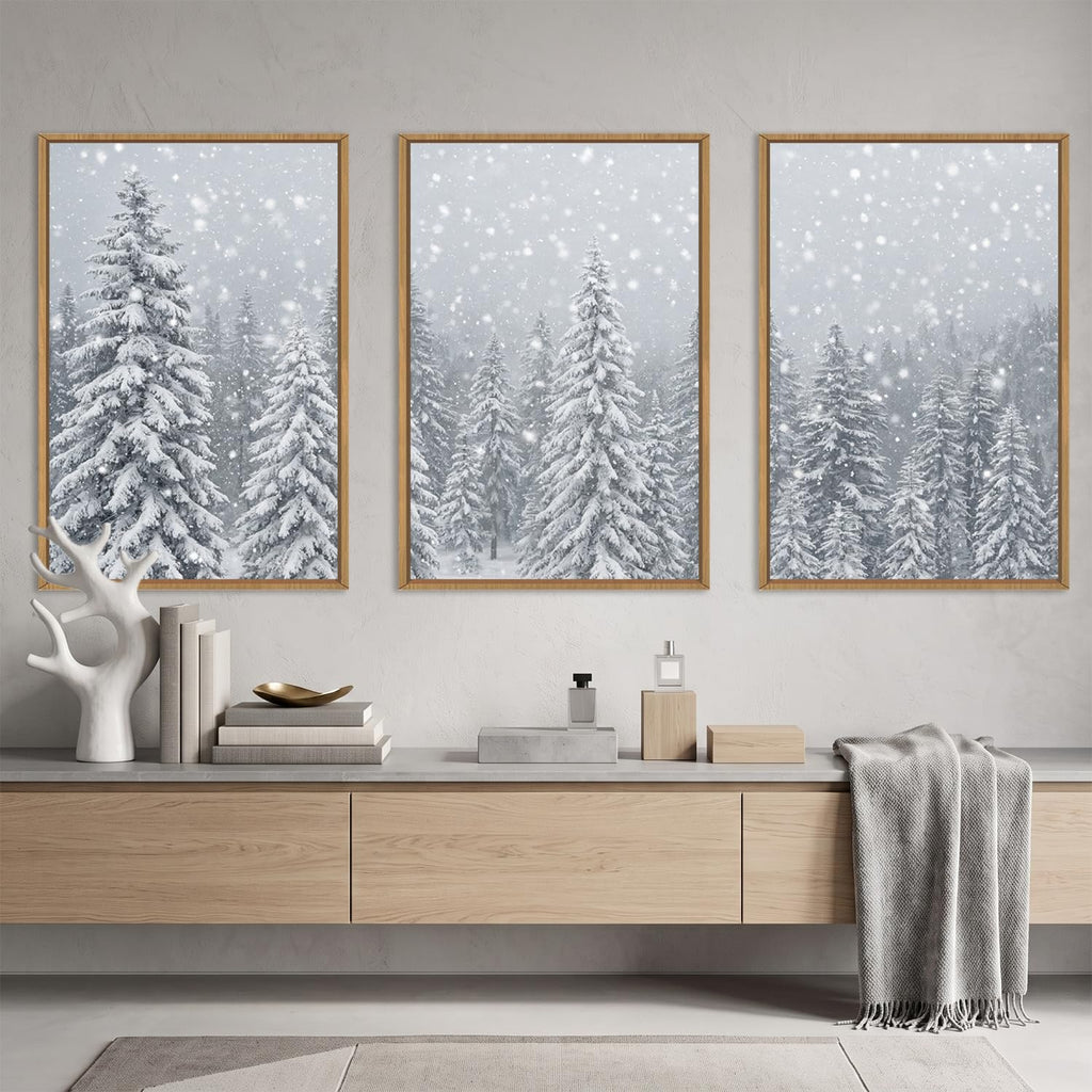Winter Christmas Tree Snowy Forest Scene Framed Canvas Wall Art Set, Natural Snow Covered Pine Tree Snowflake Wall