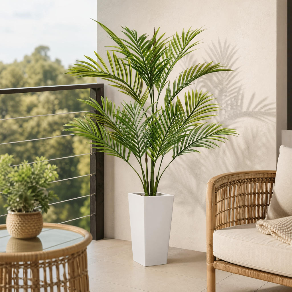 4.5FT Artificial Palm Tree, Tall Faux Plants Indoor Tropical Areca with White Planter and Lifelike Leaves, Fake