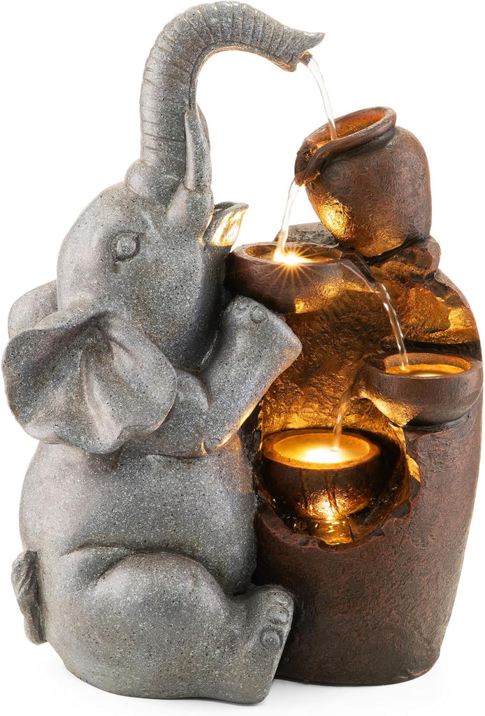 Outdoor Water Fountain, 4-Tiered Elephant and Pot Outdoor Fountain with Lights, 18.5" H Polyresin Decorative