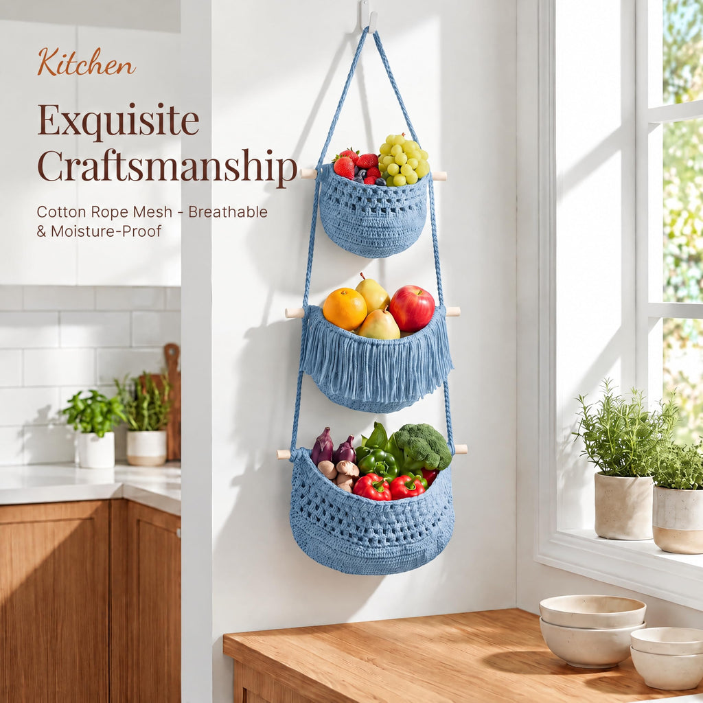 Boho Style Handwoven Rope Hanging Basket - 3-Tier Detachable Storage Organizer /Bathroom/Entryway, 3 Included
