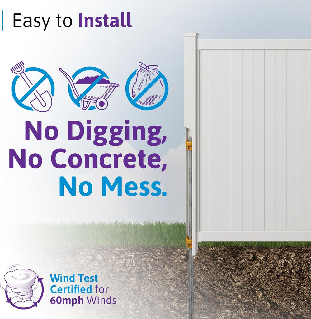 6ft H (1 Post) No Dig Cambridge Finishing Post with Steel Pipe Anchor Kit, Permanent White Vinyl Post for Cambridge Panels and