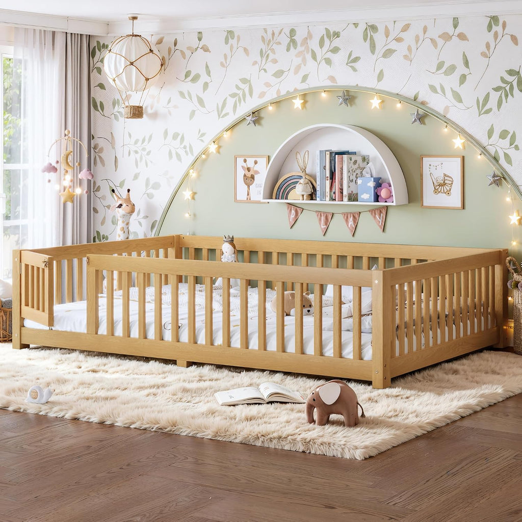 Queen Size Montessori Floor Bed Frame with Slats and Fence for Kids,Natural | Solid Wood,Full Surround Safety