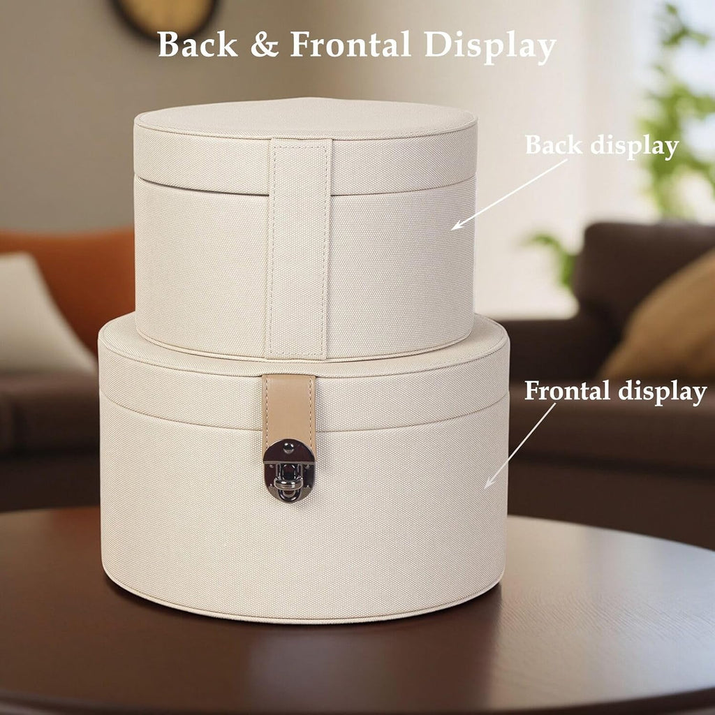 Round White Faux Leather Decorative Boxes with Lid Decor - Set of 2
