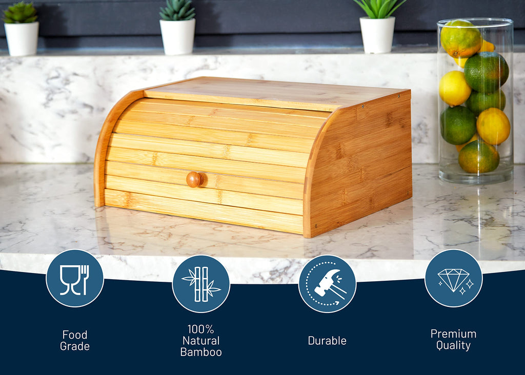 Bread Box - Natural Bamboo Roll Top Kitchen Food Storage