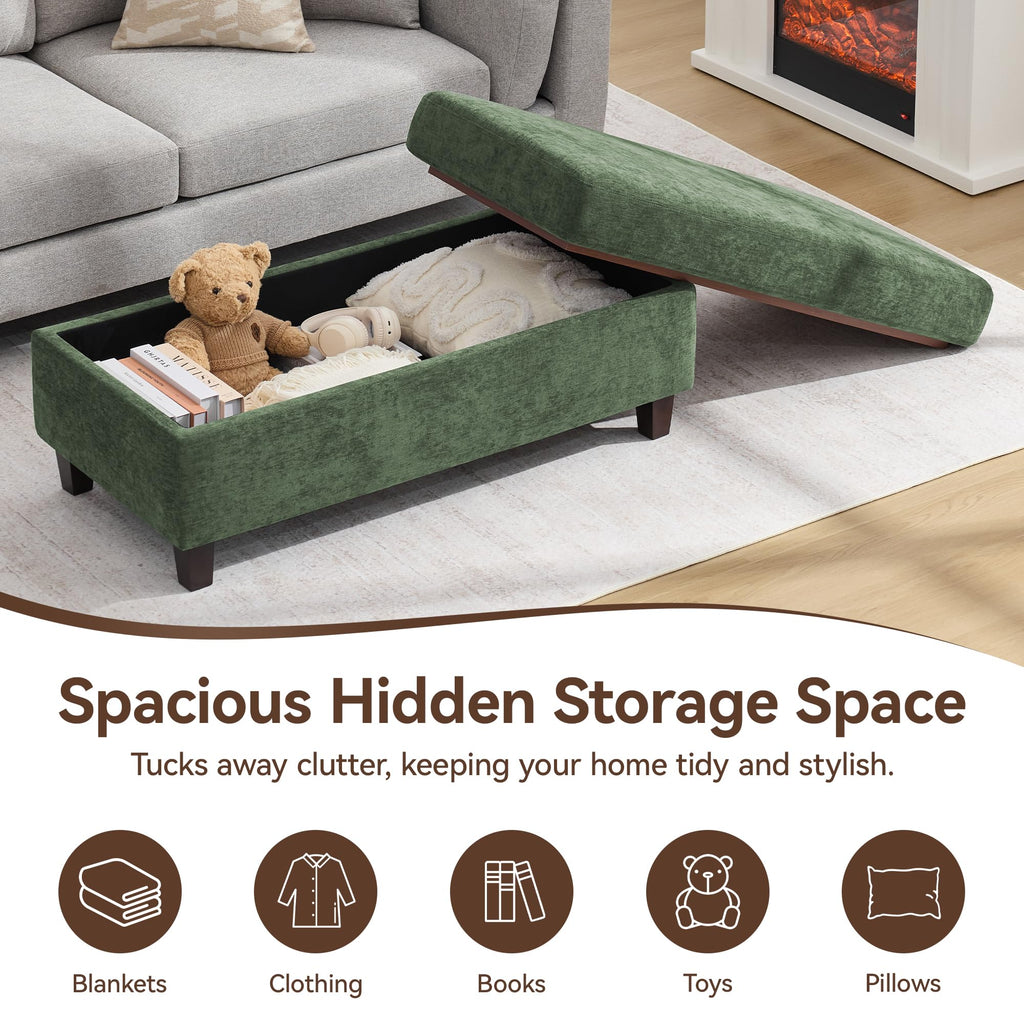 45 Inch Large Storage Ottoman Bench with Wooden Tray Coffee Table, Green Chenille Upholstered Foot Rest