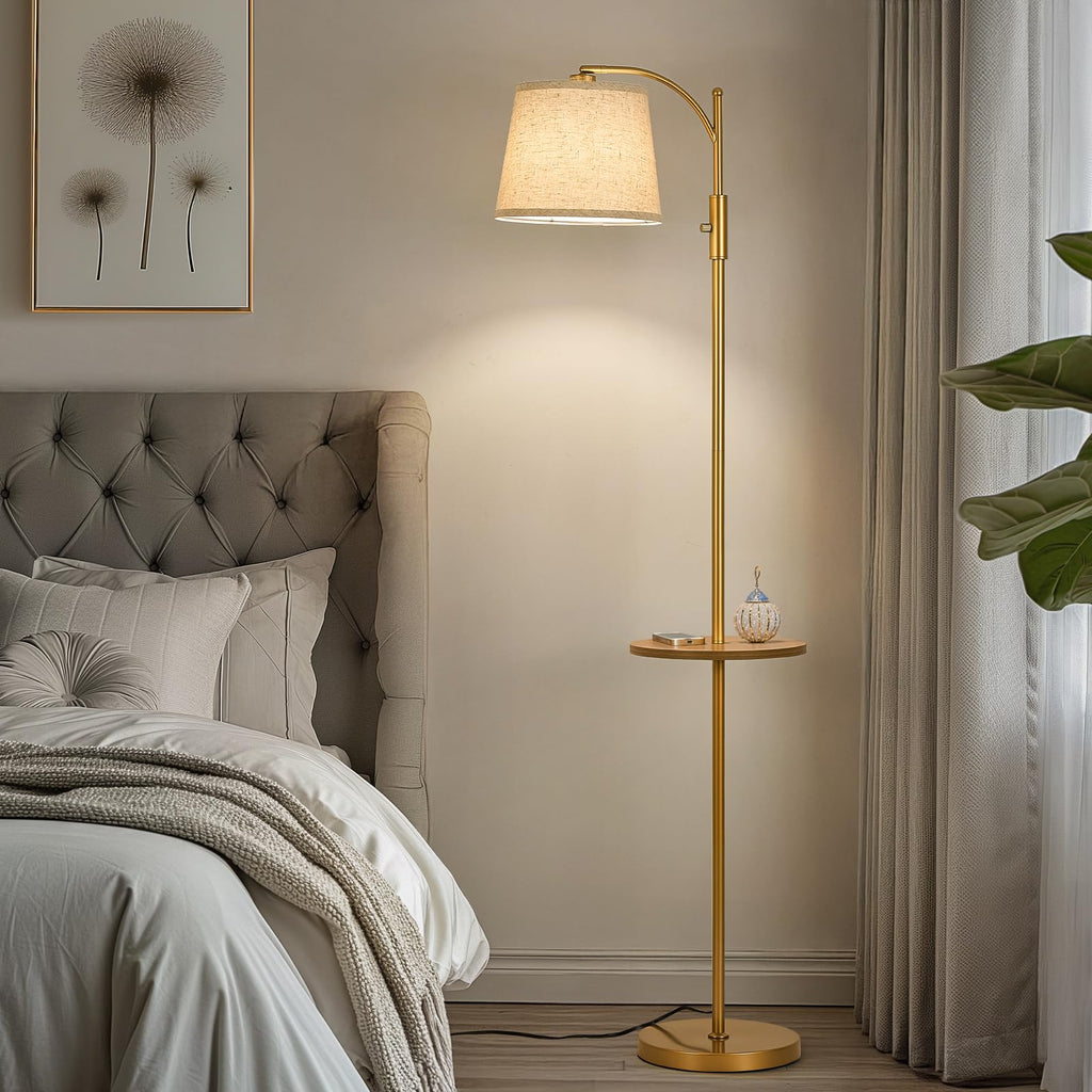 Golden Floor Lamp with Table, Dimmable Standing Lamp, Living Room