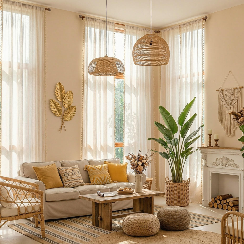 Linen Boho Curtains Bedroom, Semi Sheer Macrame Drapes 84 inches Length Farmhouse Style Back Tab Drapes for Sliding