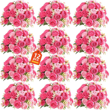 Pink Peonies Artificial Flowers 12 Bouquets, pink Flowers Lifelike Silk Fake Peonies with Stems Table Centerpieces