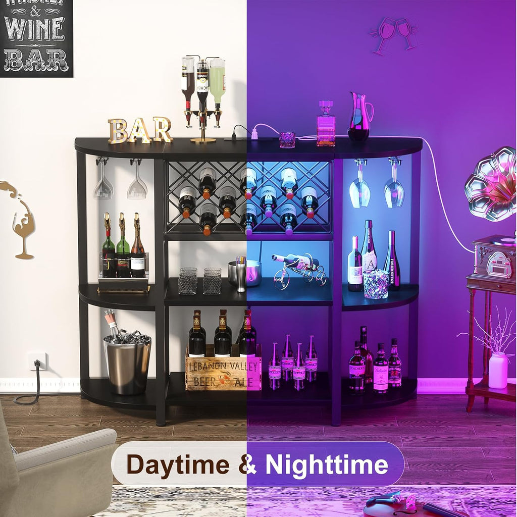 4-Tier Metal Coffee Bar Cabinet with Outlet and LED Light | Freestanding Floor Bar Table, Liquor with Glass Holder