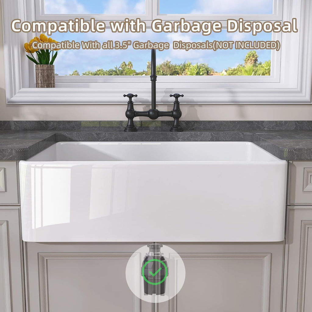 White Farmhouse Kitchen Sink 30 inch Fireclay Apron Front Farm Sink Undermount Single Bowl Reversible Farmer House